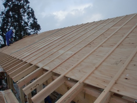 地震や風による水平力に抵抗するために屋根面に構造用合板を施工しています。